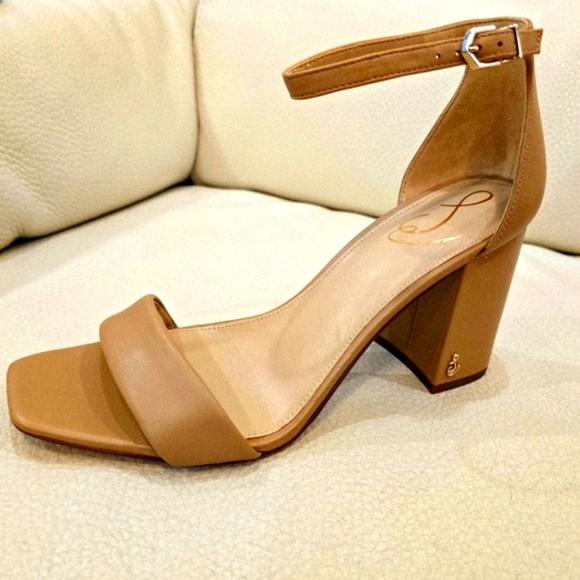 Sam Edelman Ankle Strap Tan Beige Brown Leathe Block Wide Heel Sandals Size 10.5 - Picture 1 of 6